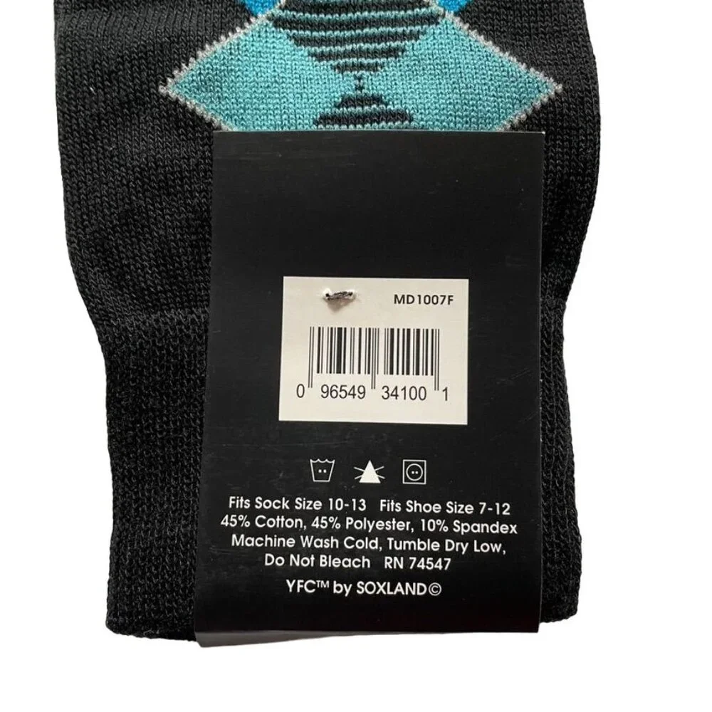Yves Franc Claire Mens Argyle Crew Socks Size 10-13 Black Blue Teal Patternu - Picture 4 of 4
